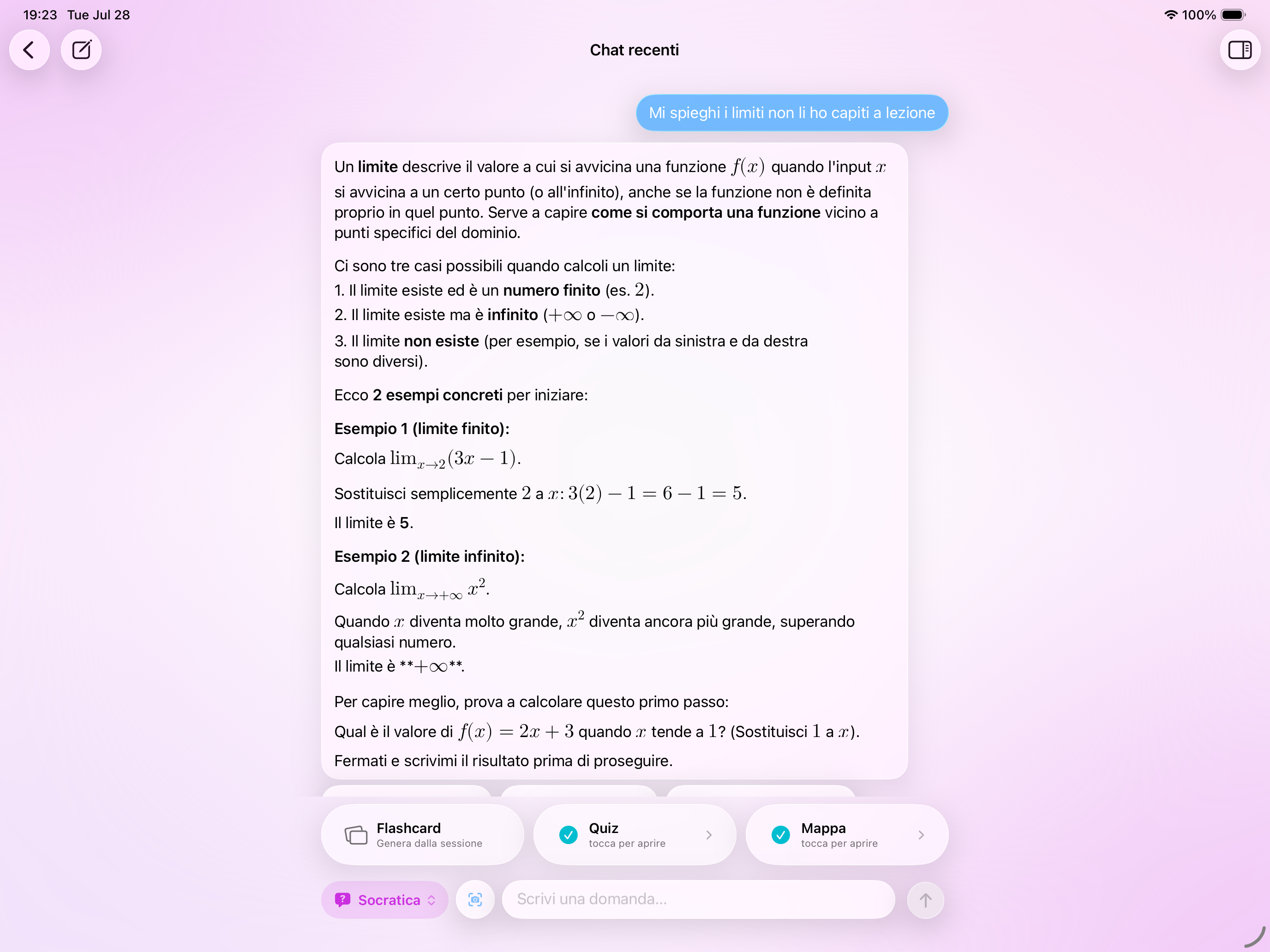 Chat socratica che spiega il concetto di limite in Phind.