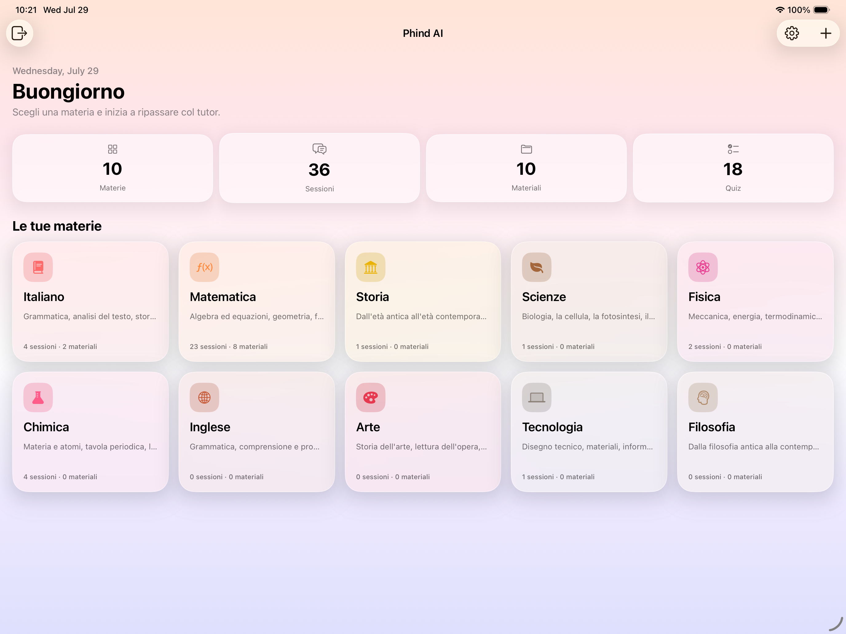 Dashboard Phind con materie e sessioni di studio.