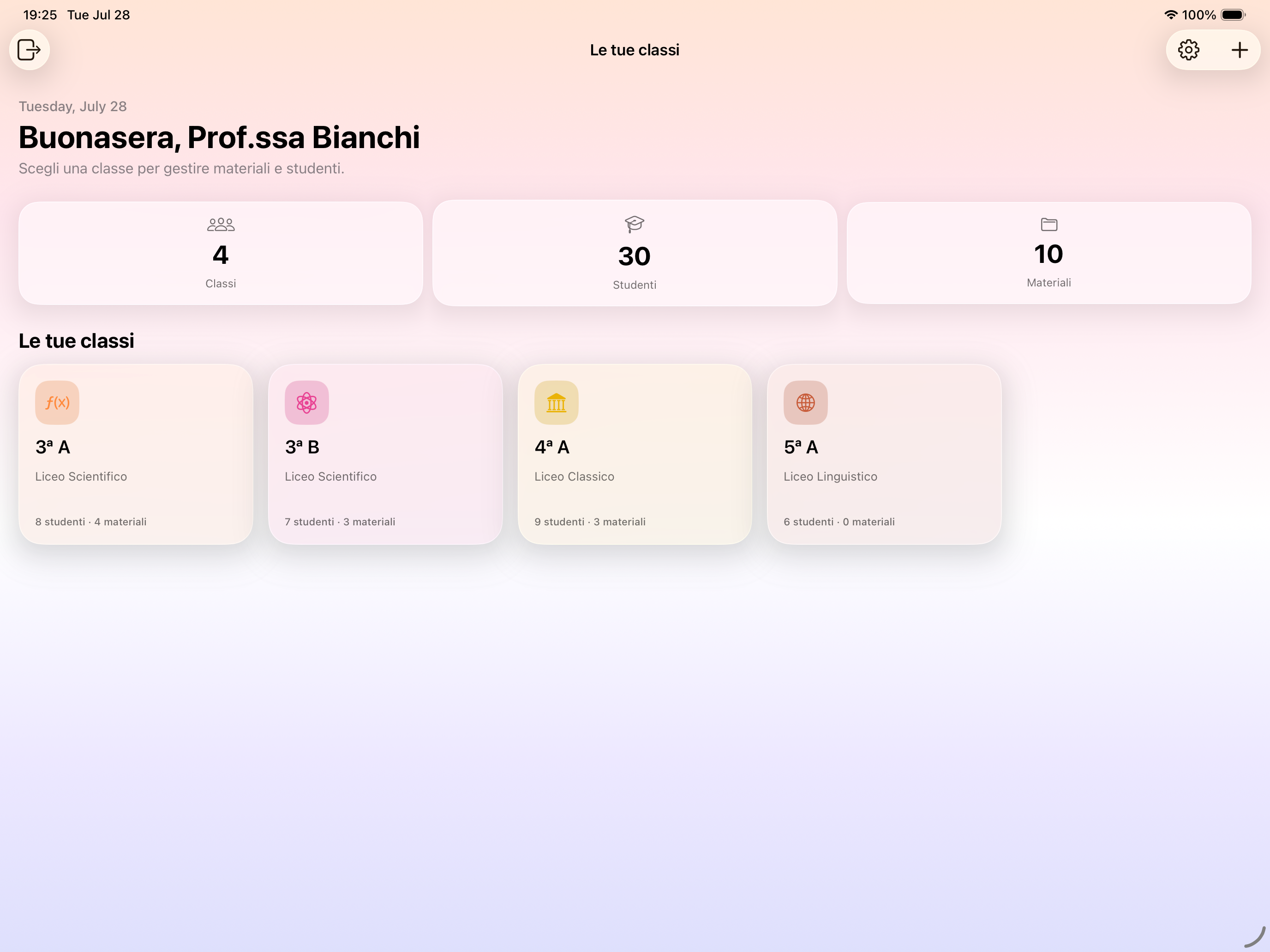 Home dell'app docente Phind con l'elenco delle classi e i relativi materiali e studenti.